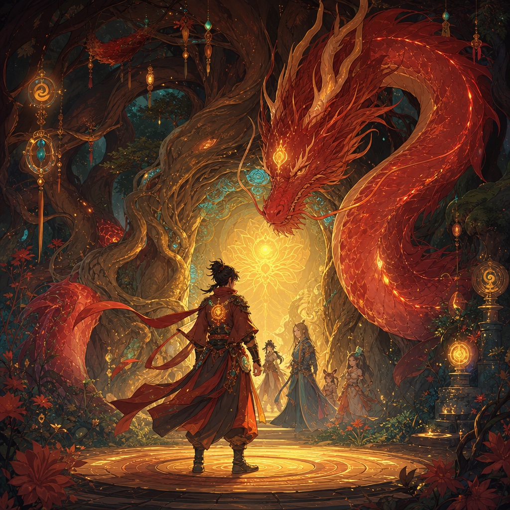 A Dragons Within hero before a glowing gate and coiled red dragon.